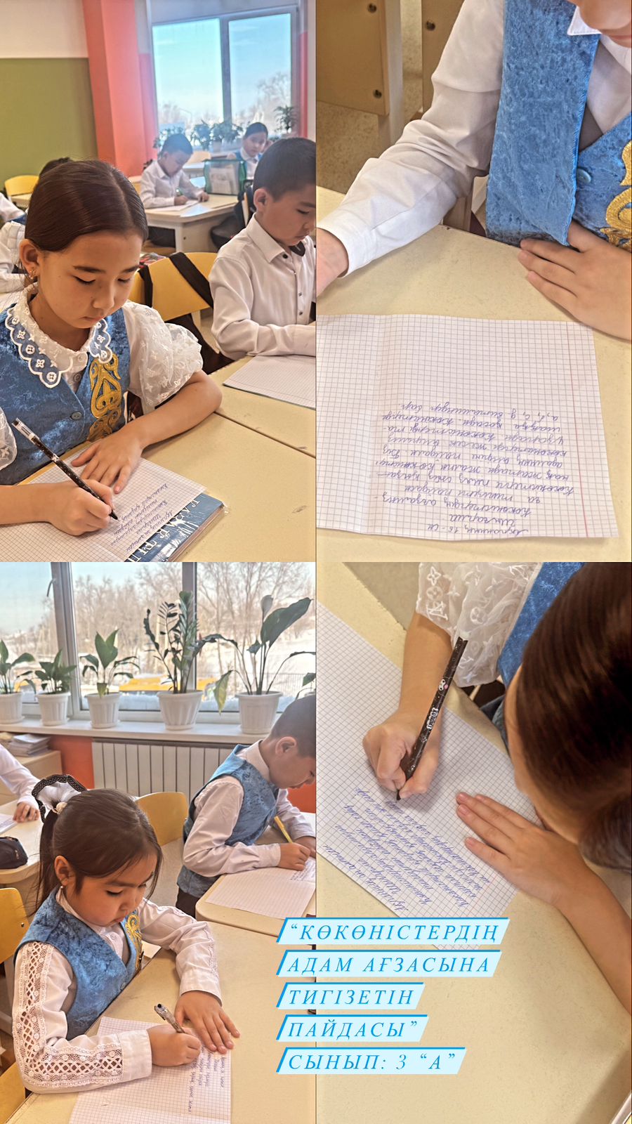 16.02.2024 жылы 3 “А” сынып оқушылары “Көкөністердің ағзамызға тигізетін пайдасы” тақырыбында шығарма жазды.