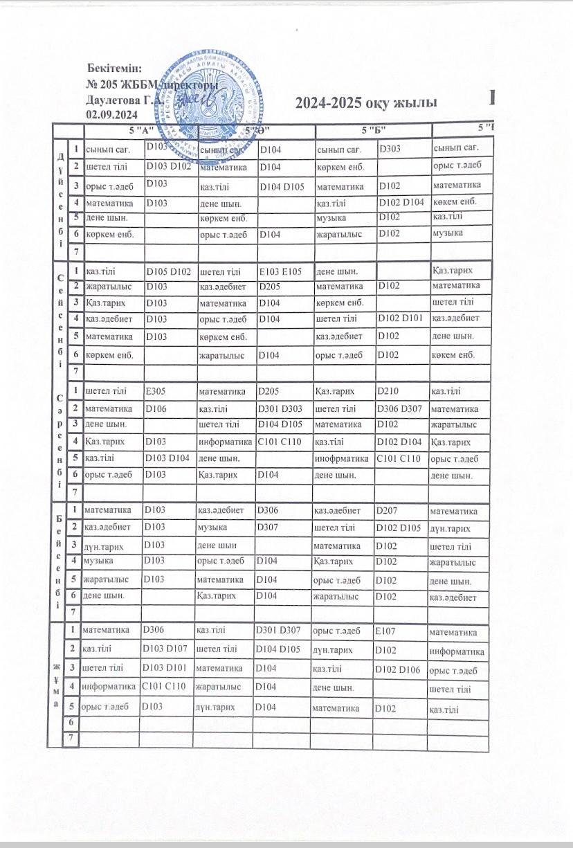 №205 ЖББ мектебінің 2024-2025 оқу жылының сабақ кестесі\Расписание уроков на 2024-2025 учебный год КГУ ОШ №205