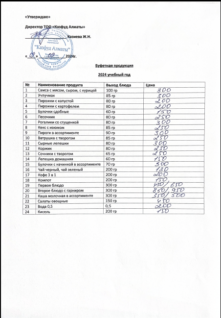 Бағалары көрсетілген ақылы буфеттік тамақтану мәзірі