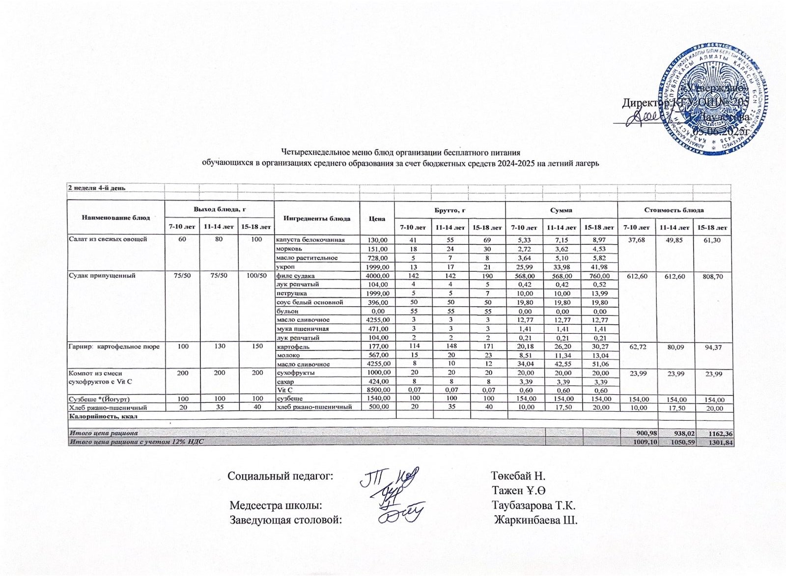 Мектепішілік жазғы лагер ас мәзірі