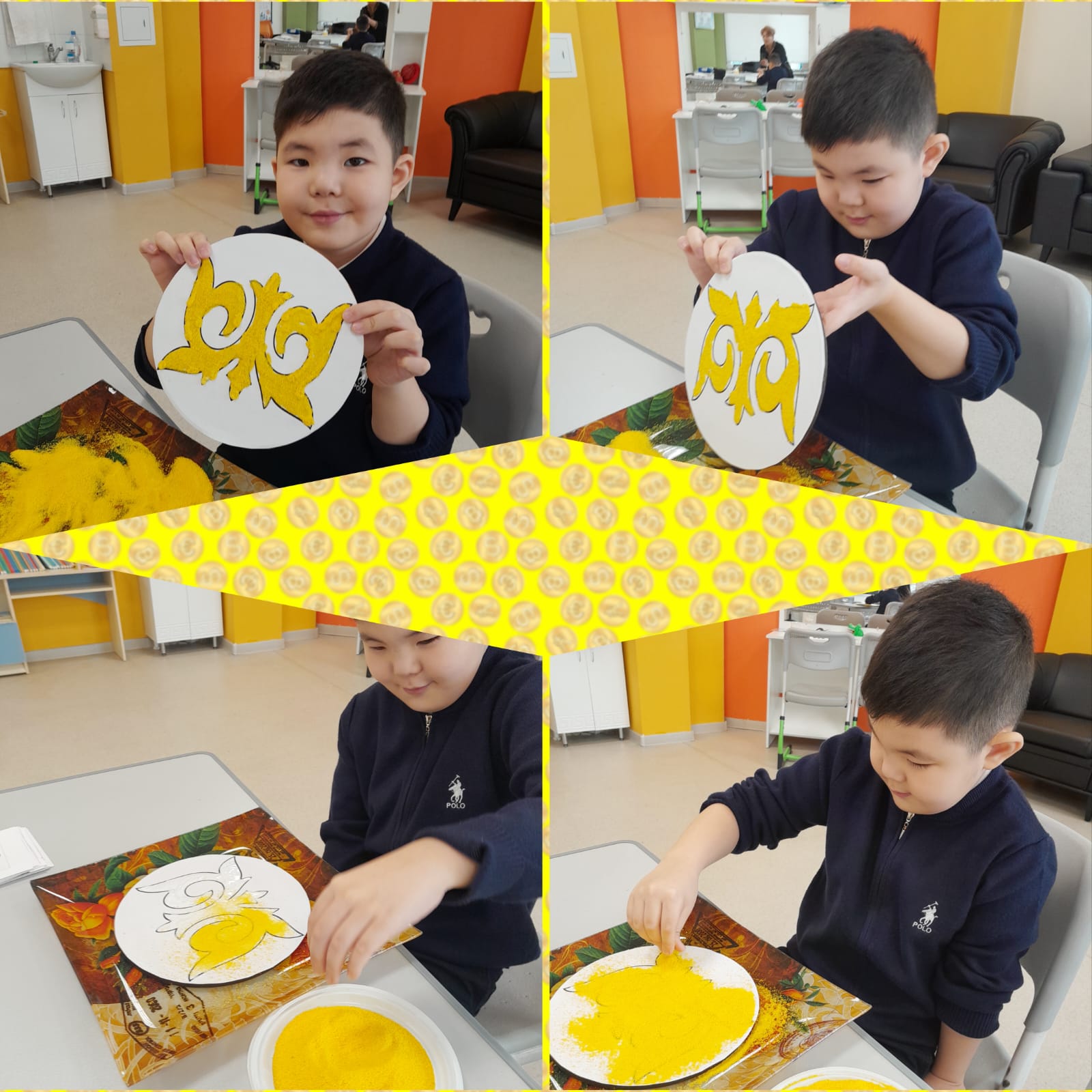 Логопед сабағында. Манкография – жармамен сурет салу.